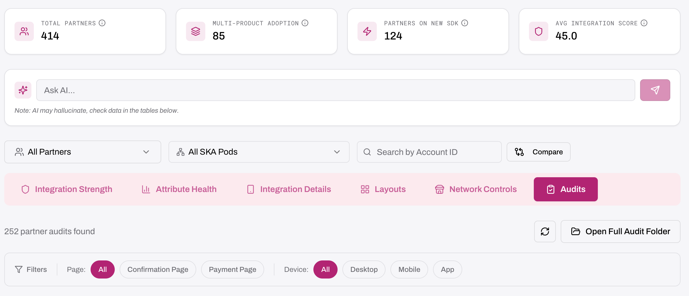 Integration Health Dashboard showing partner scoring, attribute health tabs, AI chat interface, and integration strength metrics