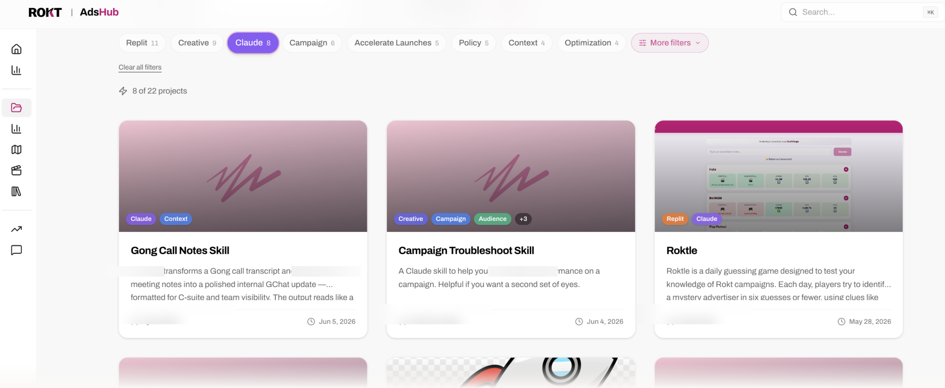 Project Hub filtered by Claude tag showing 8 AI-powered projects built by the team