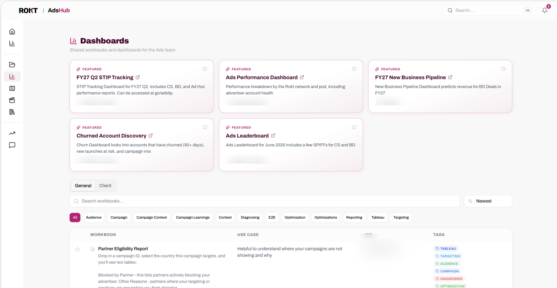 Dashboards page with featured workbooks, searchable reporting templates, and category filters