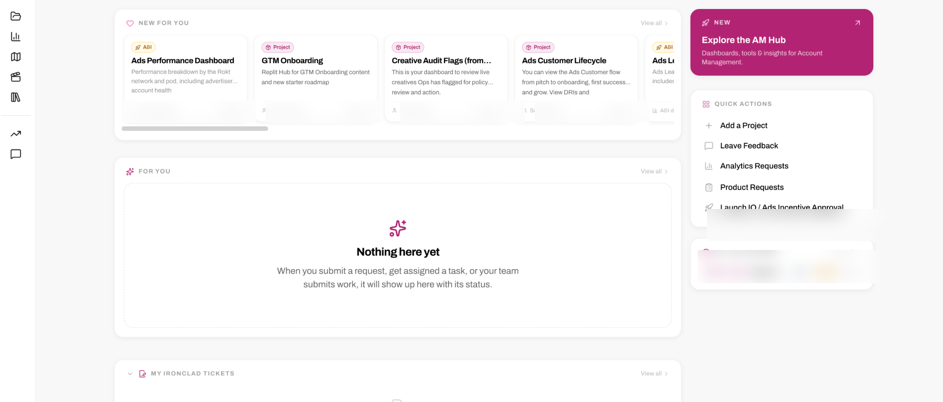 AdsHub home page with personalized project cards, quick actions, and team resources
