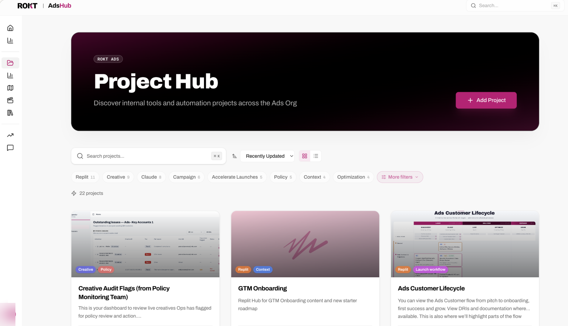 Project Hub showing 22 internal automation projects with search, filters, and category tags