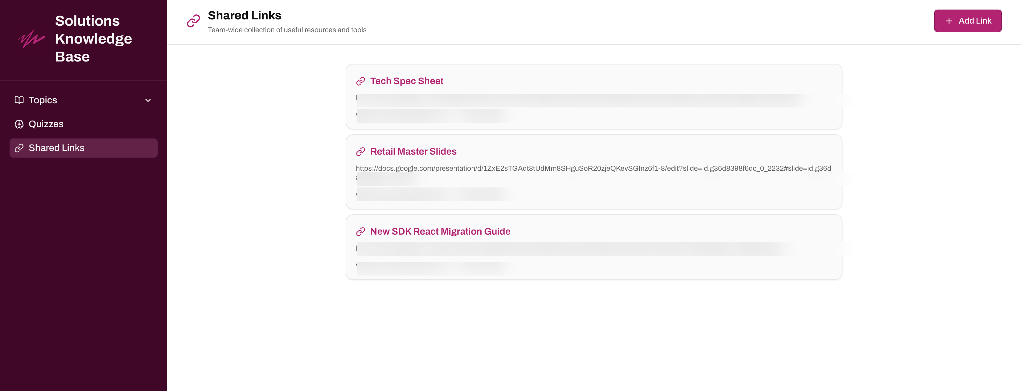 Shared Links section with team-wide resources and reference documents