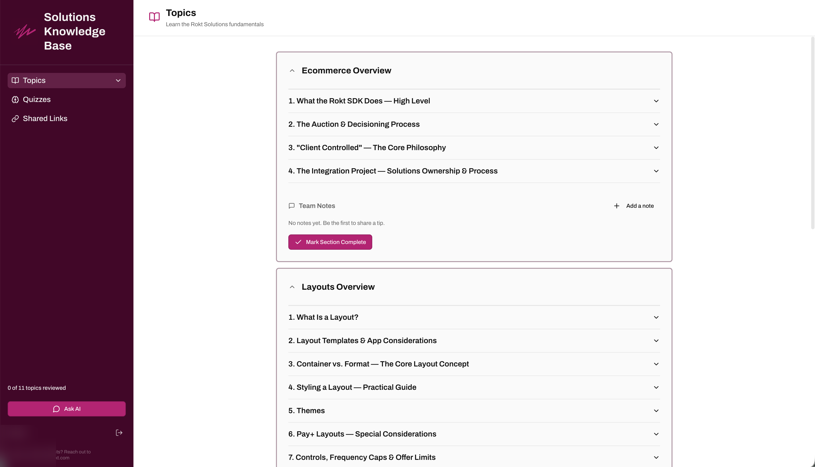 Solutions Knowledge Base showing structured training topics with expandable modules and AI assistant