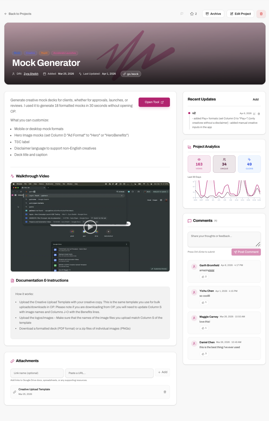 Mock Generator project page with documentation, walkthrough video, and community comments