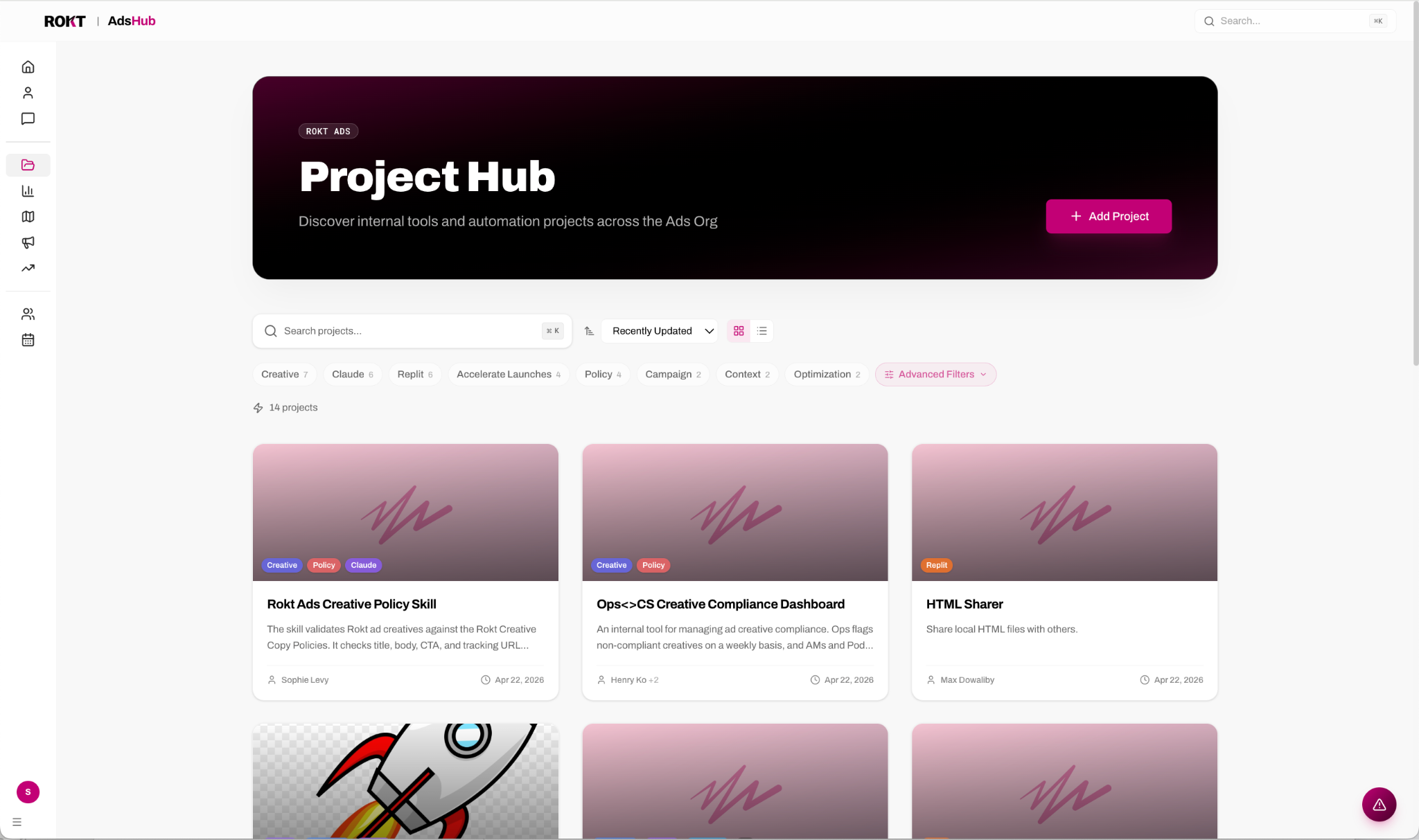 AdsHub Project Hub showing tool directory with search, tags, and project cards