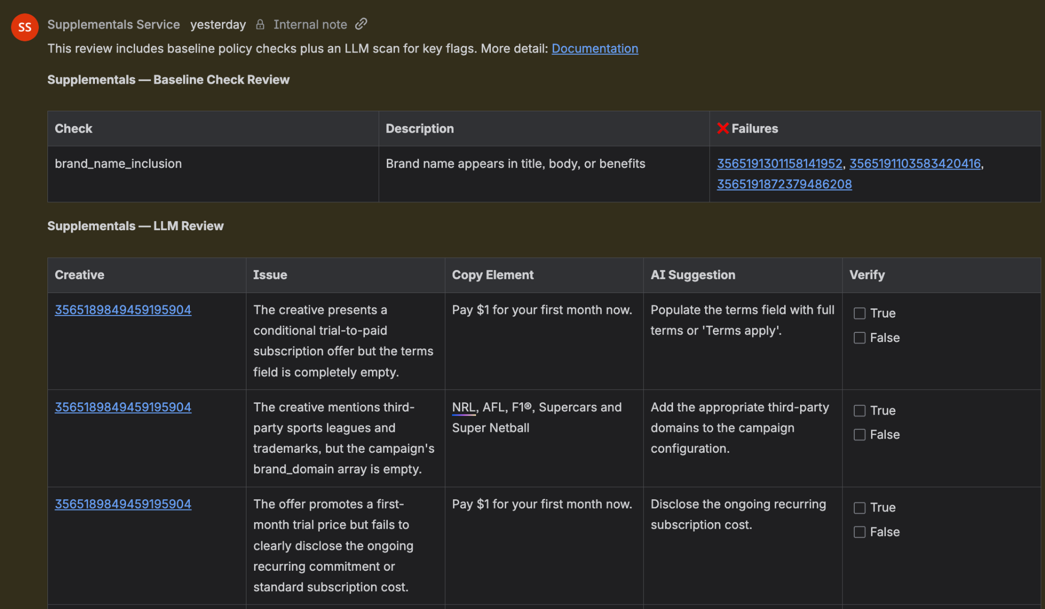 Jira comment showing baseline check review and LLM review results