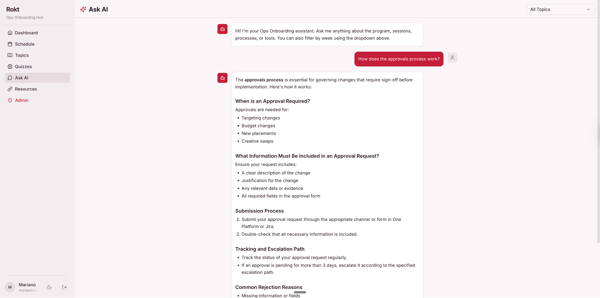 Ask AI chatbot interface within the Ops Onboarding Hub