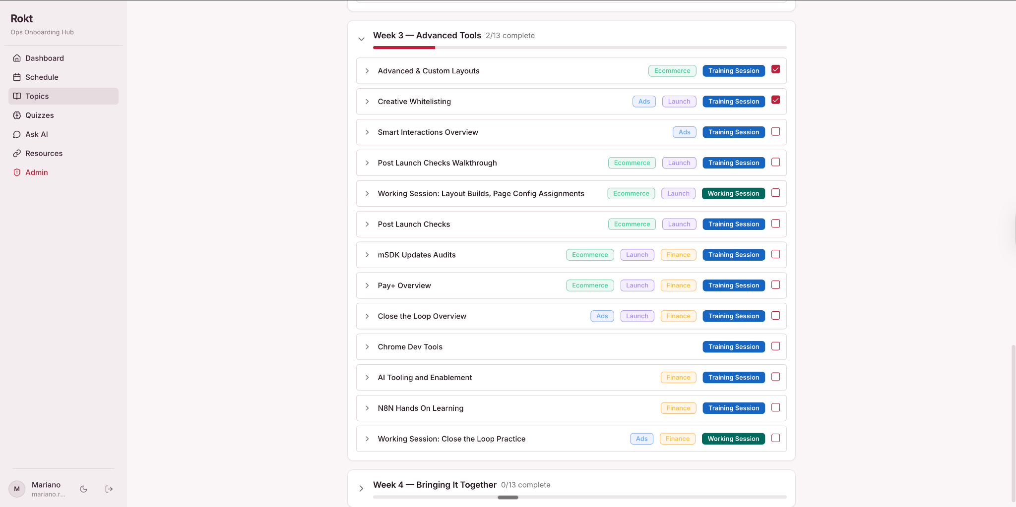 Ops Onboarding Hub showing multi-track curriculum with tagged sessions and completion tracking