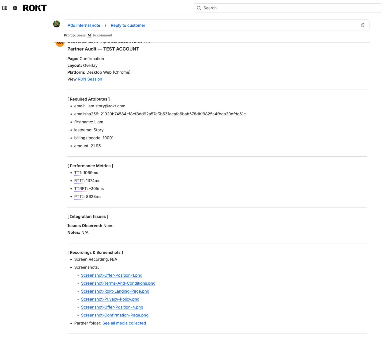 Prism QA — Generated QA document posted to the ticket with structured sections for required attributes, performance metrics, integration issues, and screenshot links