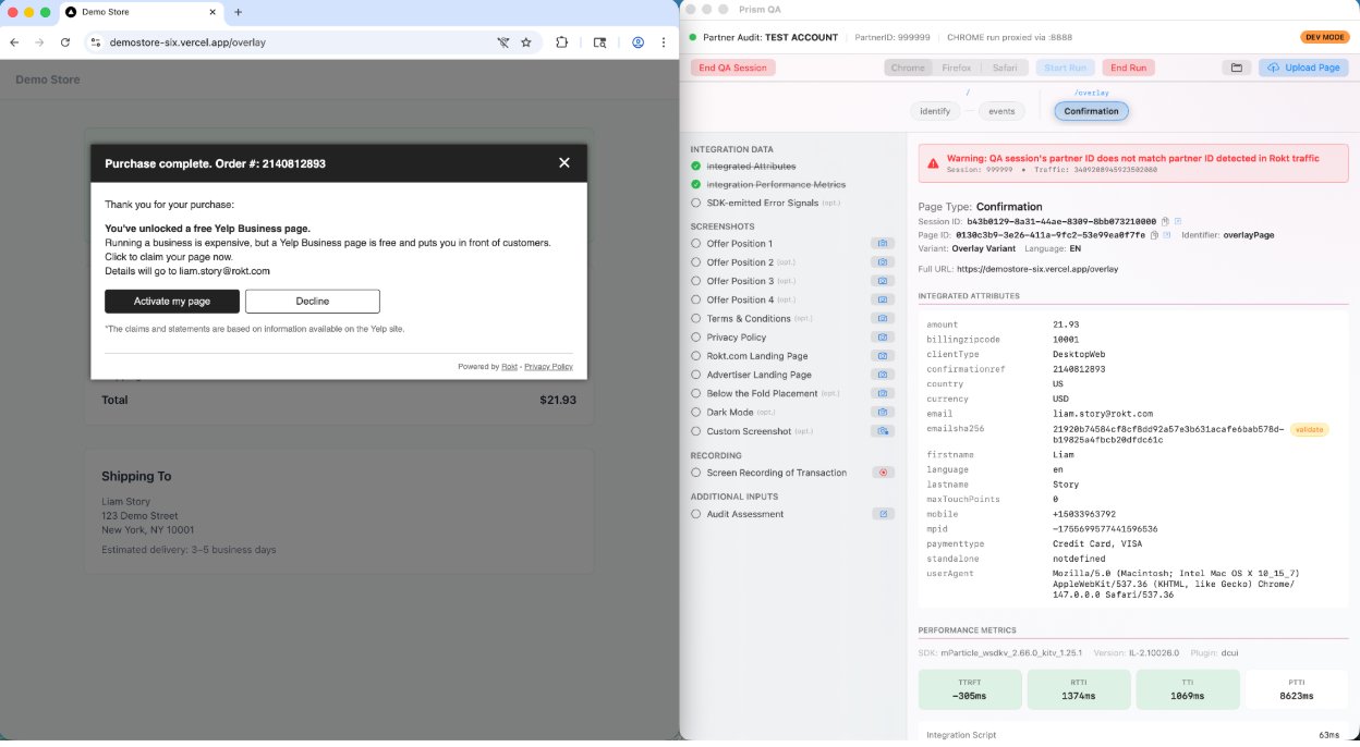 Prism QA — Side-by-side view of a partner checkout page and the Prism extension capturing integration data, attributes, and performance metrics in real time