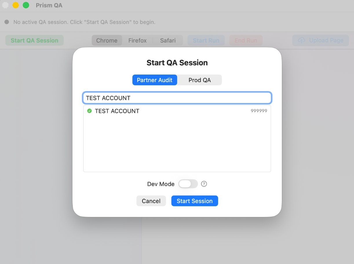 Prism QA — Start QA Session dialog with Partner Audit and Prod QA modes, account search, and Dev Mode toggle