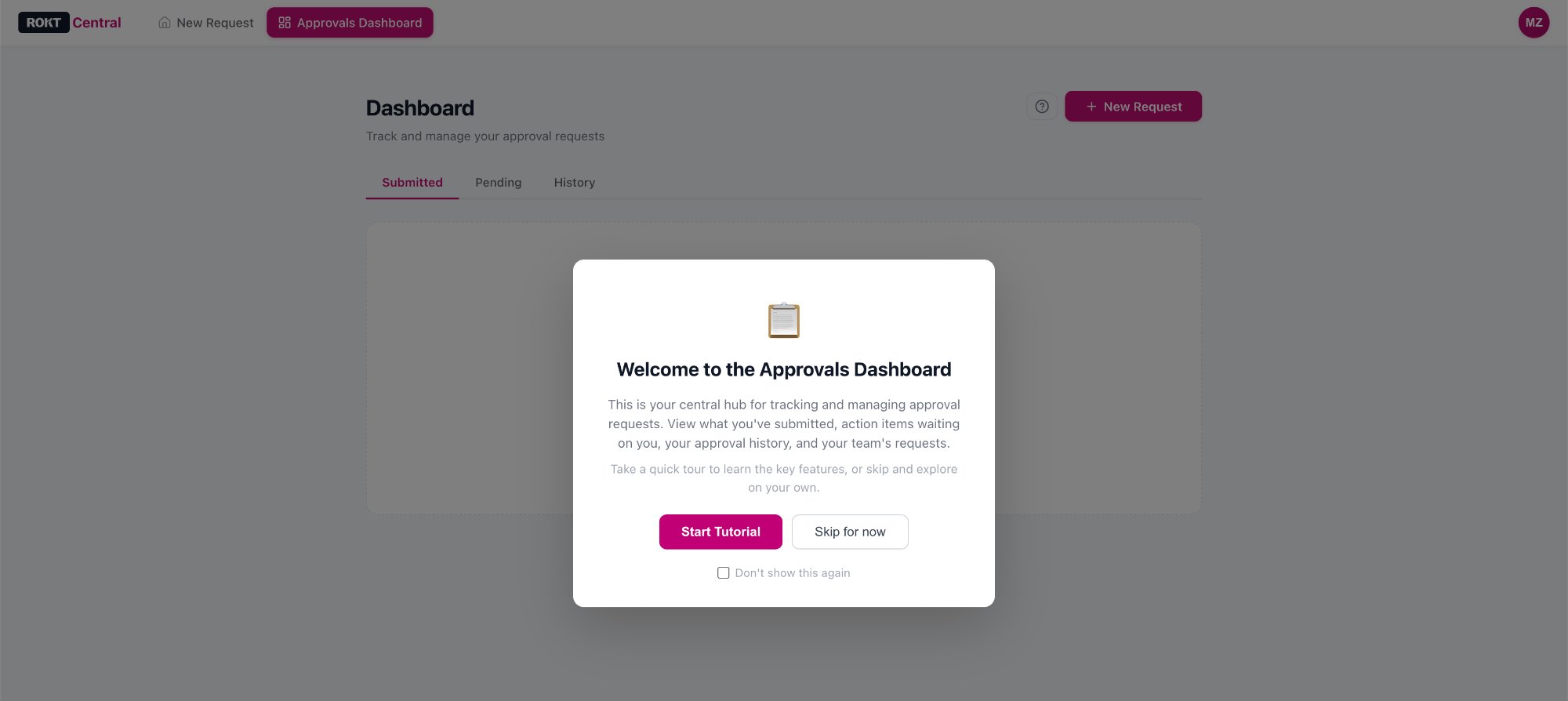 Rokt Central — Approvals Dashboard with guided tutorial