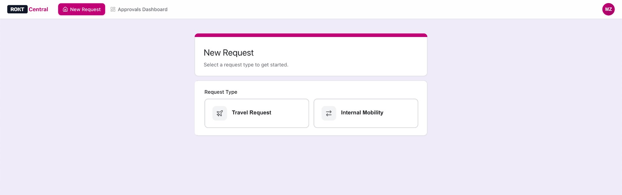 Rokt Central — New Request view with Travel Request and Internal Mobility options